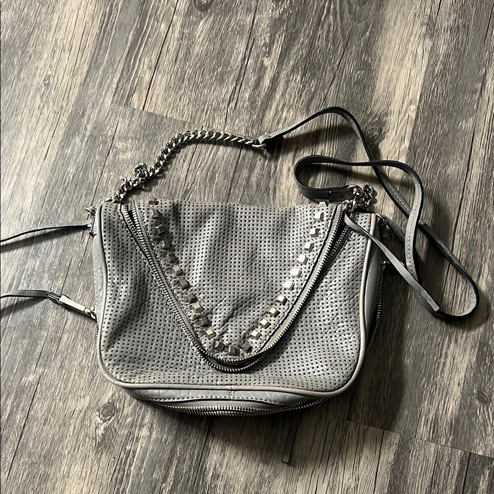 Gray Textured Shoulder Bag with Chain Detail